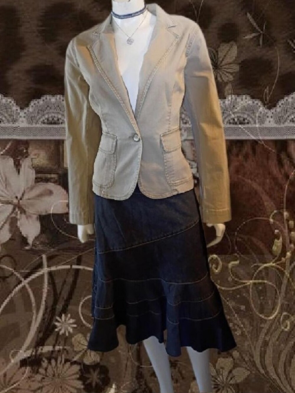 VTG Y2K DKNY Dark Blue Jean Denim Asymmetrical Ruffled Midi Skirt Sz 10